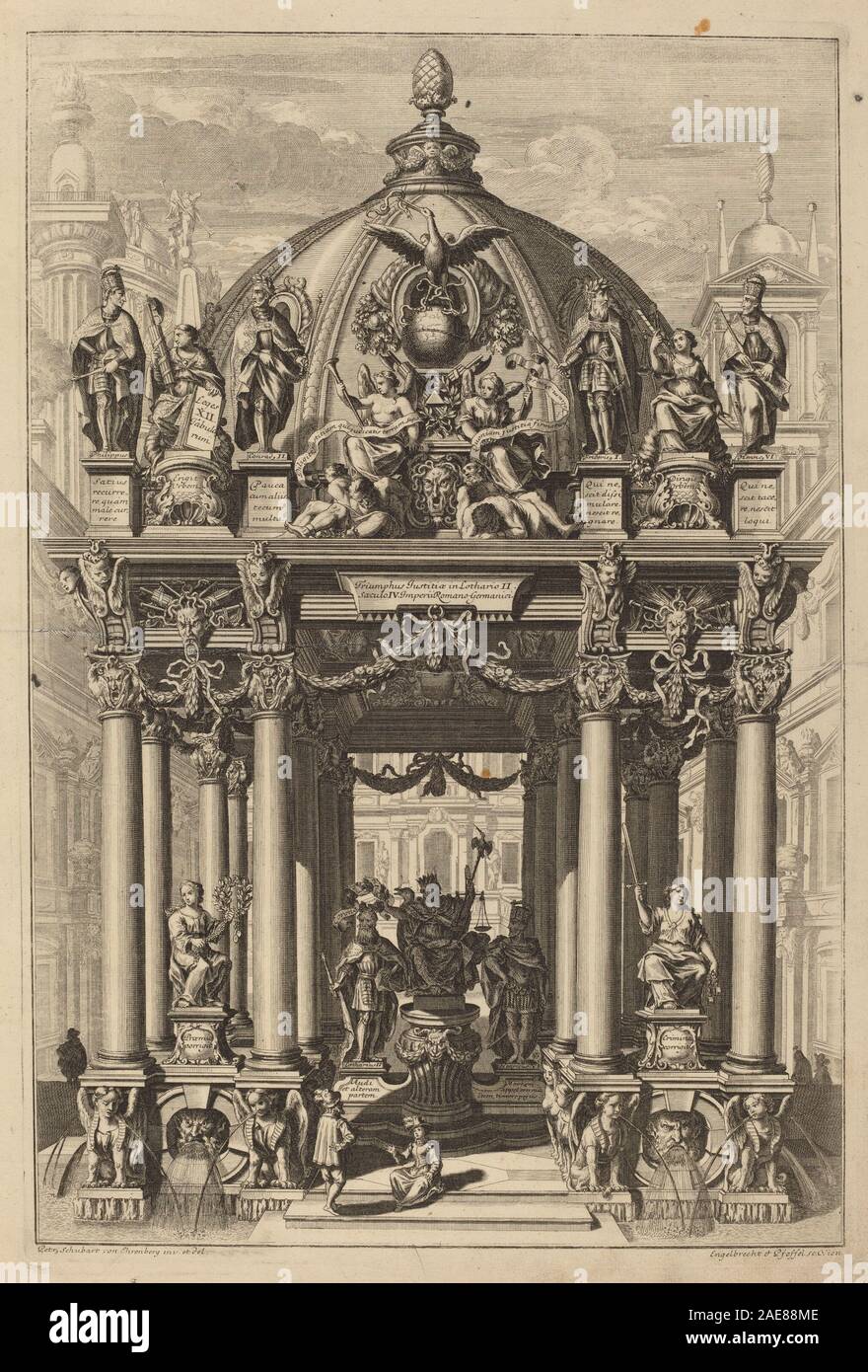 Arco trionfale per Lotharius II; 1725data Engelbrecht cristiana e Johann Andreas Pfeffel, dopo Peter Schubert von Ehrenberg, arco trionfale per Lotharius II, 1725 Foto Stock
