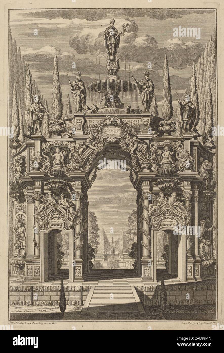 Arco trionfale per Friedrich IV; 1725data Engelbrecht cristiana e Johann Andreas Pfeffel, dopo Peter Schubert von Ehrenberg, arco trionfale per Friedrich IV, 1725 Foto Stock