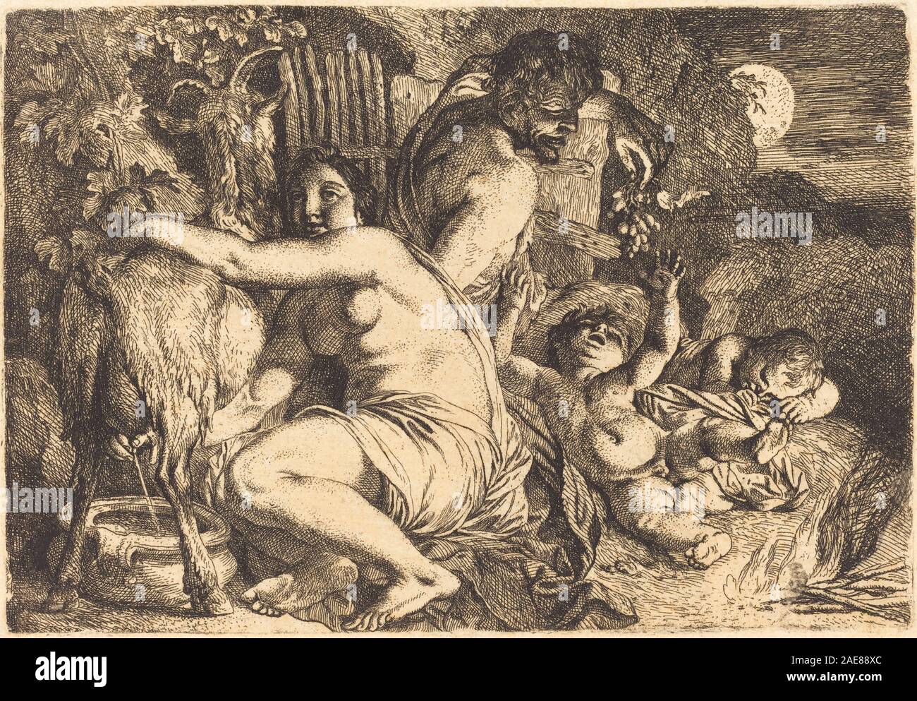 La famiglia del Satiro di Christian Wilhelm Ernst Dietrich raffigura una scena mitologica di satiri che interagiscono in un paesaggio naturale. Il dipinto enfatizza figure, gesti, interazione, fogliame e convenzioni di pittura mitologica tedesca del XVIII secolo. Foto Stock