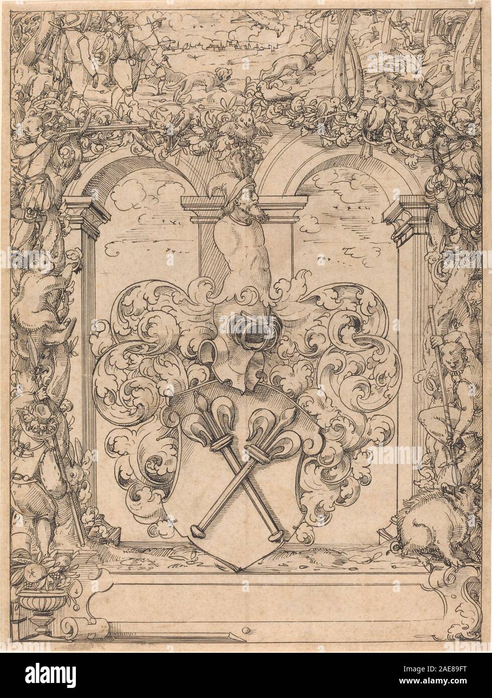 Un progetto del 1579 di Christoph Murer per una finestra che raffigura una scena di caccia, mostrando animali, cacciatori, paesaggi e inquadrature architettoniche in un lavoro di linea dettagliato. Foto Stock