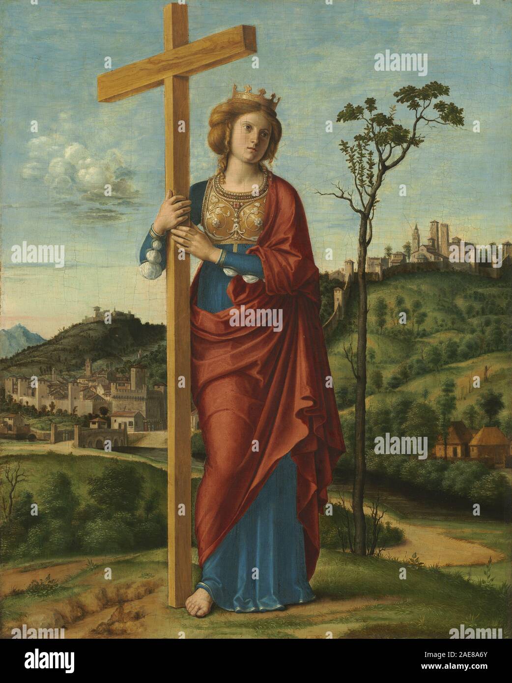 Questo dipinto di cima da Conegliano, 1495 circa, raffigura Sant'Elena, mostrando la sua figura, il suo gesto, abbigliamento, alone, sfondo architettonico e iconografia religiosa caratteristica dell'arte rinascimentale. Foto Stock