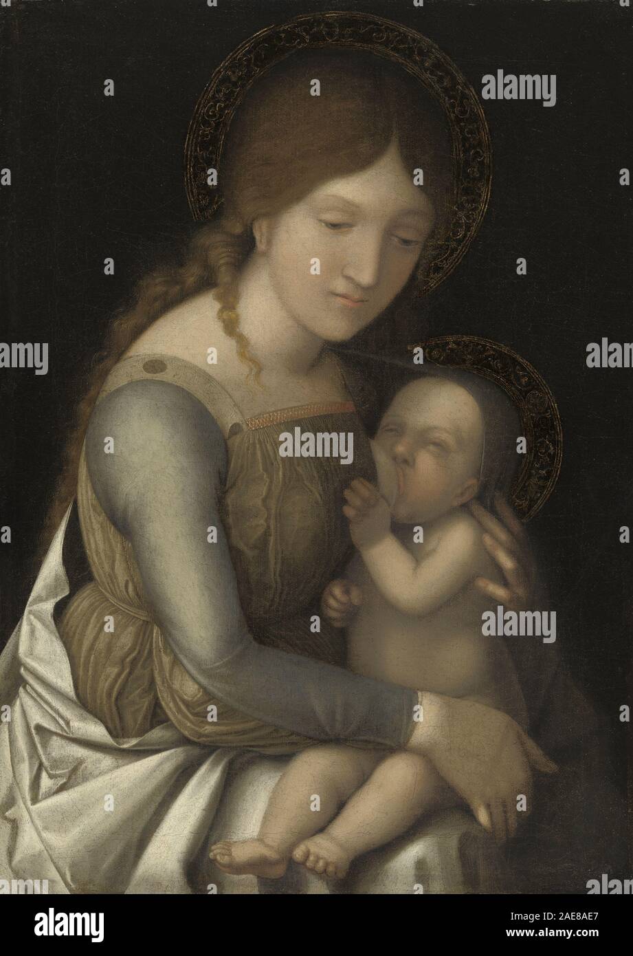 Un dipinto del 1505-1510 circa attribuito alla cerchia di Andrea Mantegna, forse Correggio, raffigurante la Madonna con il bambino, raffigurante figure, gesti, tendaggi e stile rinascimentale italiano dell'inizio del XVI secolo. Foto Stock