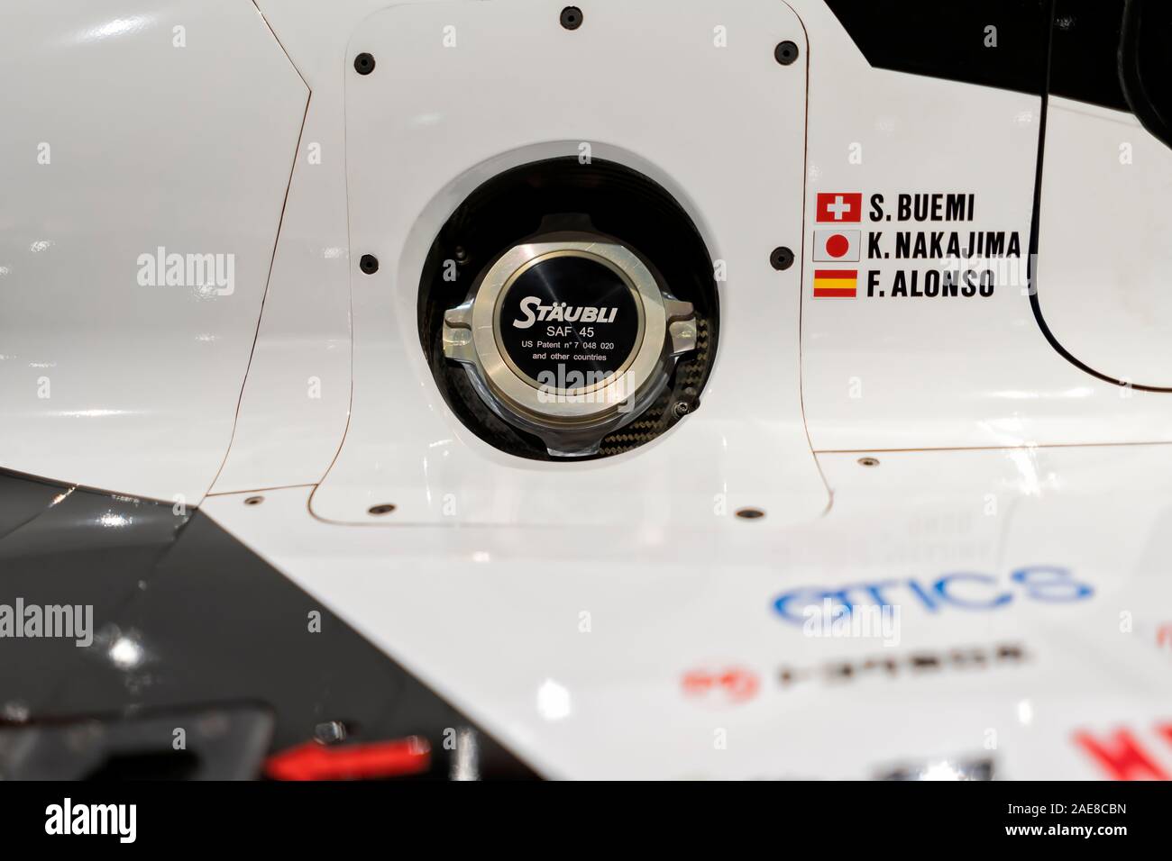 Auto di aspirazione del carburante di dettaglio con cui Fernando Alonso ha vinto il WEC 2018-2019 World Endurance Championship. Foto scattata a Fernando Alonso Museo su Dec Foto Stock