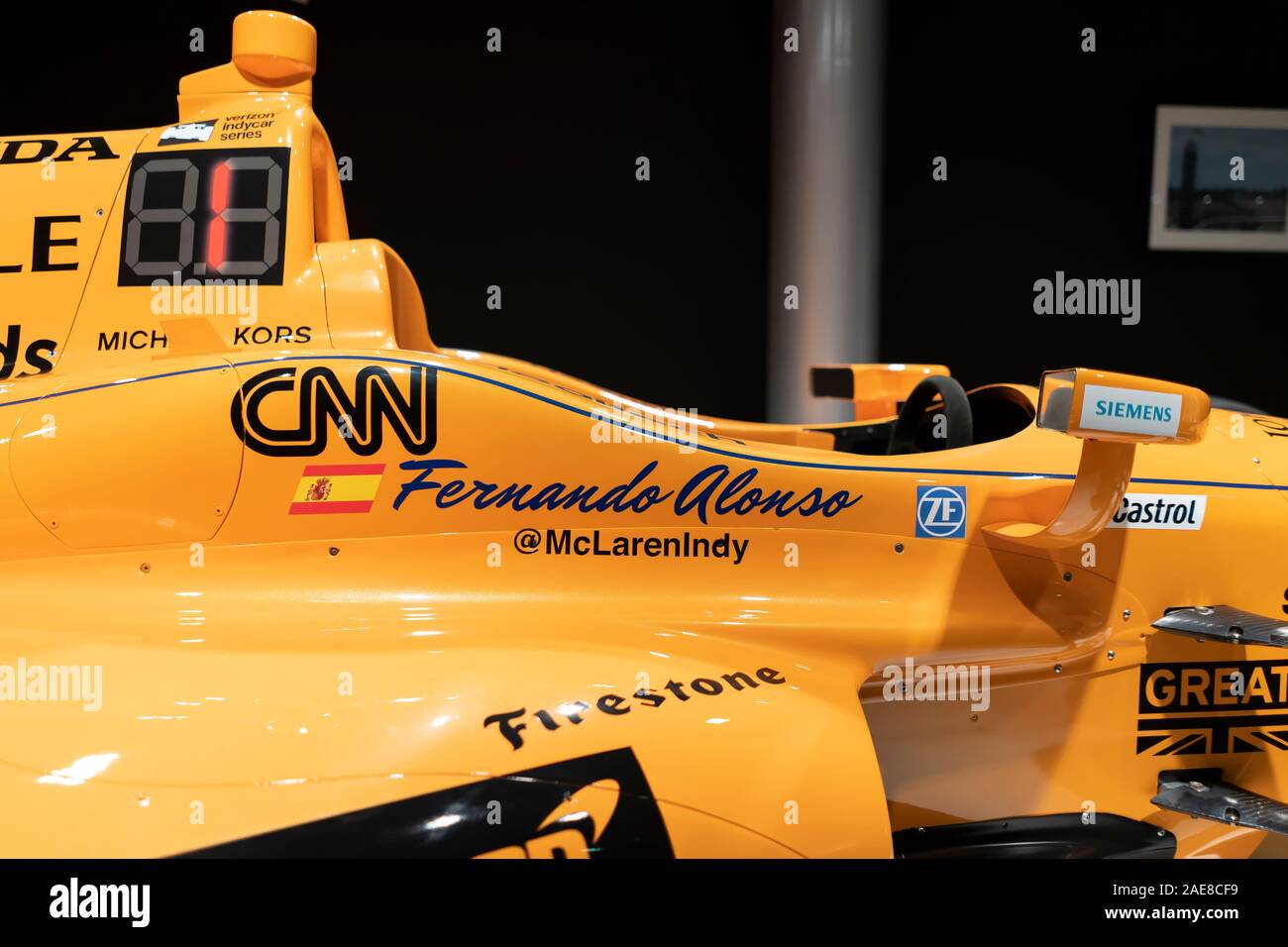 Mclaren Honda Andretti con cui Fernando Alonso ha gareggiato in Indy Car nel 2017. Foto scattata a Fernando Alonso Museo su dicembre 5, 2019 in Asturi Foto Stock