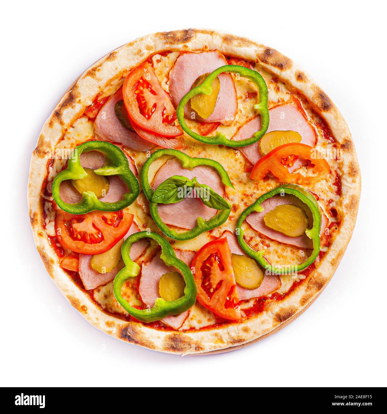 Isolare la pizza, di medie dimensioni, vista dall'alto. Foto di stock di pizza. Foto Stock
