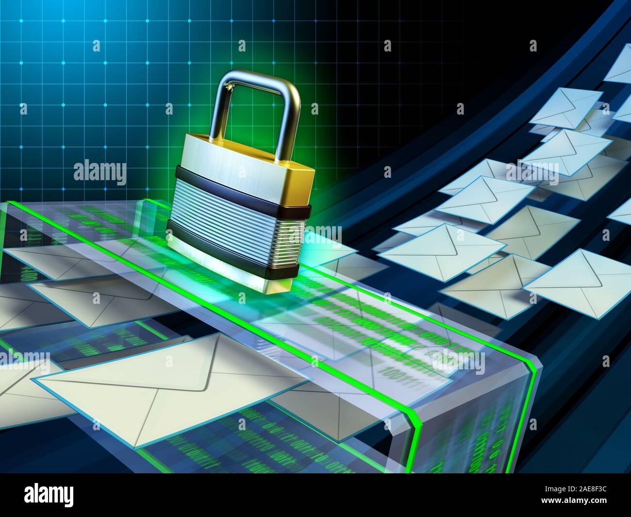 Flusso di posta elettronica passando attraverso uno scanner di sicurezza. Illustrazione Digitale. Foto Stock