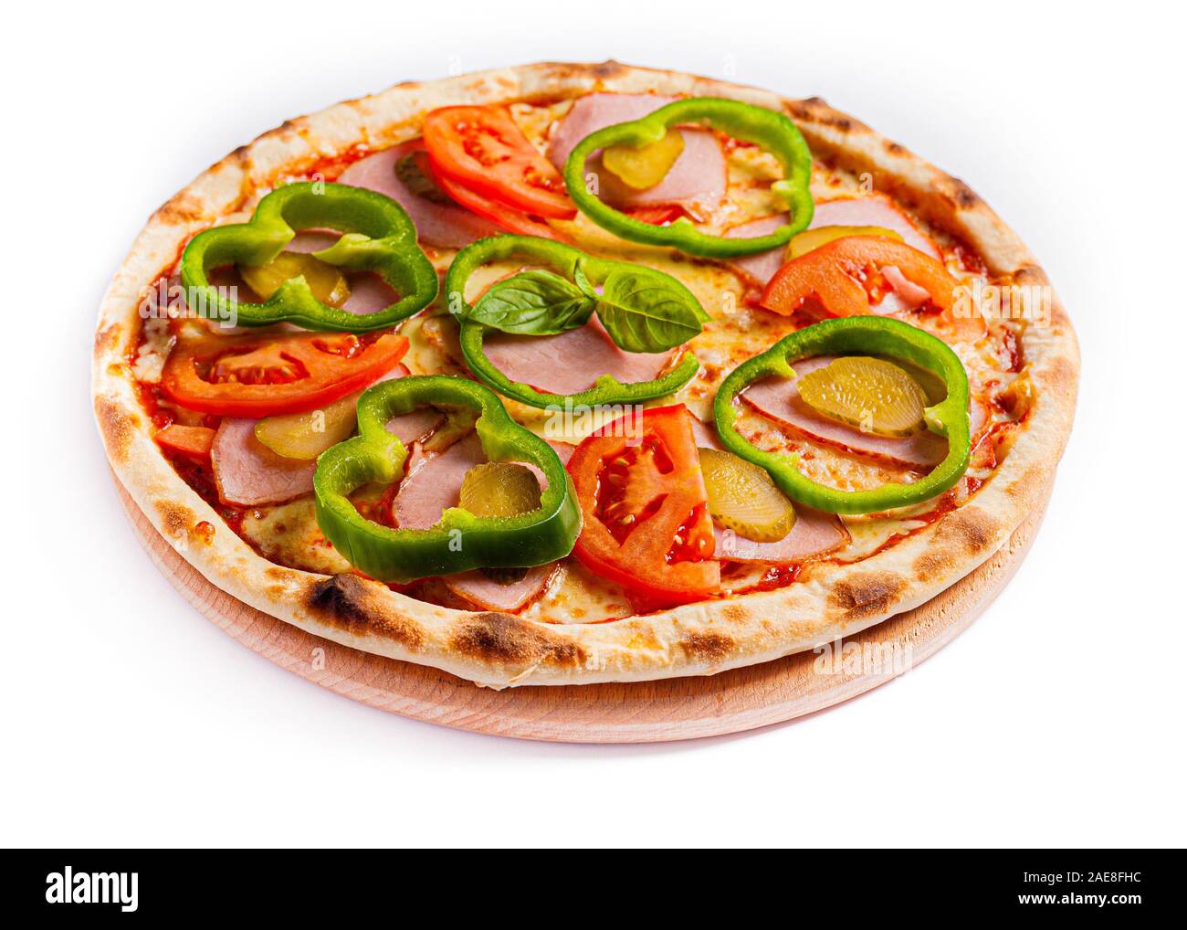 Isolare la pizza, di dimensioni medie e in vista laterale. Foto di stock di pizza. Foto Stock