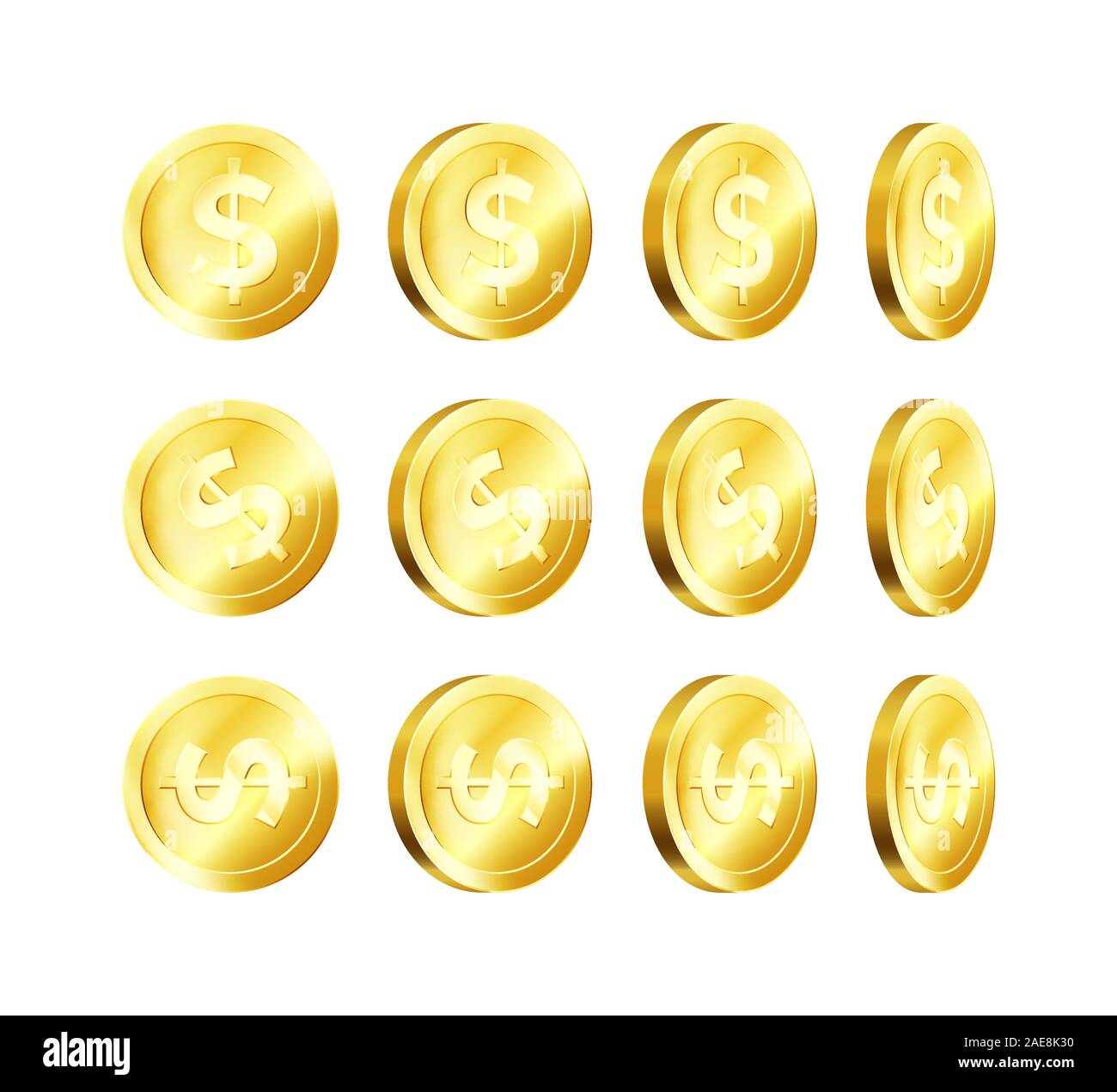 Rotazione metallizzato oro moneta. Golden Dollar. Simbolo di business di denaro. Illustrazione Vettoriale Illustrazione Vettoriale