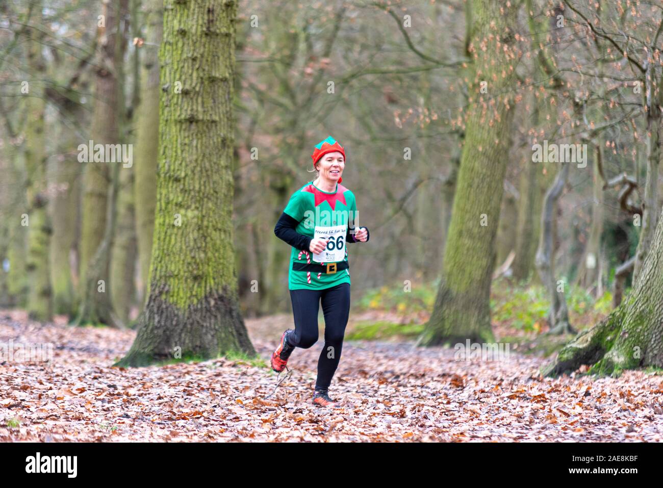 Elf mentale eseguire la carità della fun run per il sud-est e centrale di Essex mente - una carità sostenere la salute mentale - un 5k attraversano il parco Belfairs Woodland Foto Stock