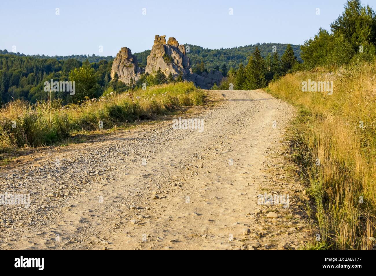 Strada alla fortezza Tustan / Rocce nei Carpazi, Ucraina, Europa Foto Stock