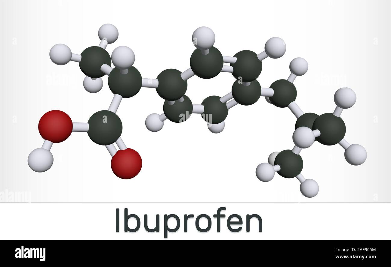 Molecola di ibuprofene, è un farmaco antiinfiammatorio non steroideo farmaco  antinfiammatorio non steroideo. Modello di molecola. Sfera e stick. Il  rendering 3D Foto stock - Alamy