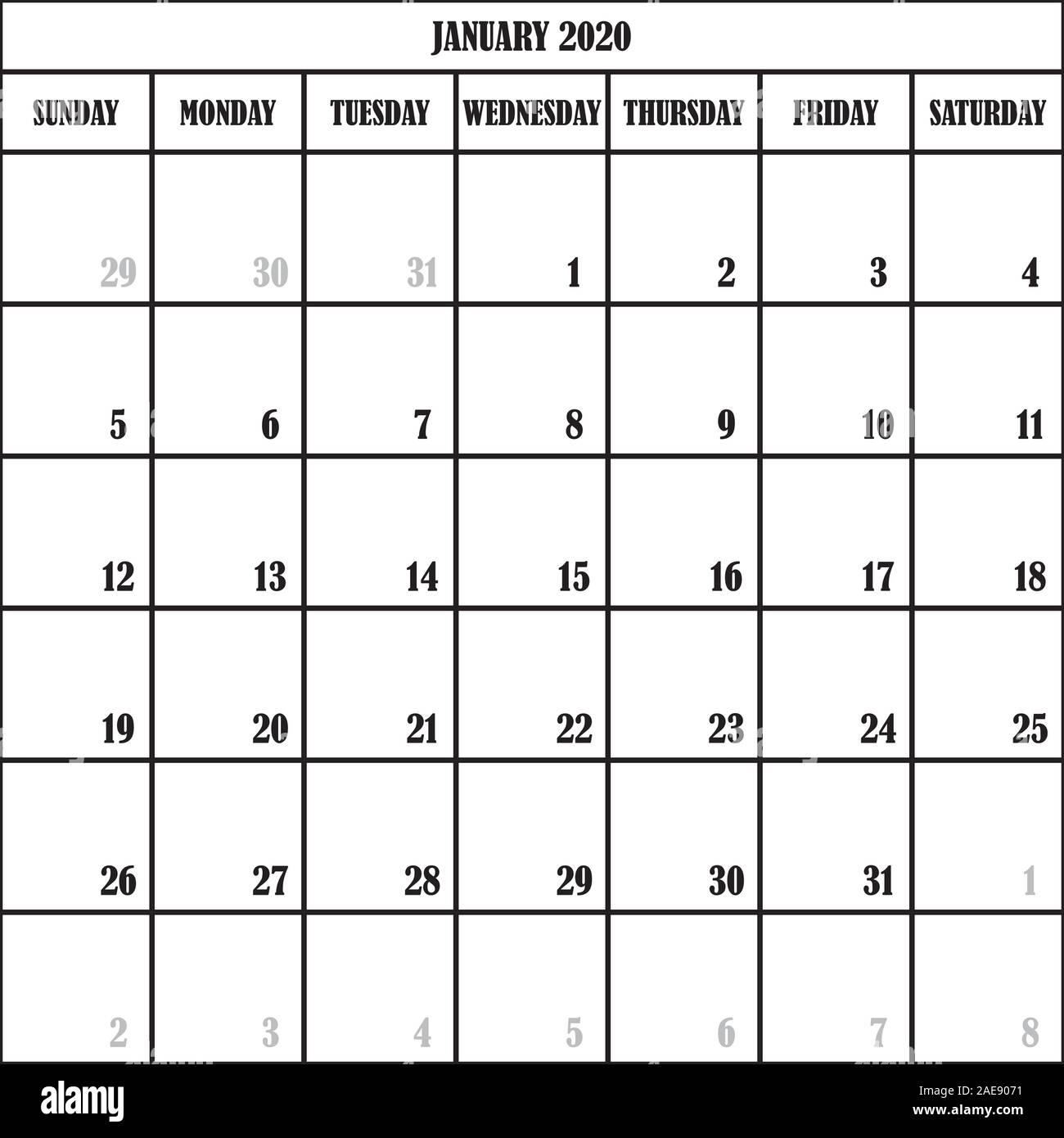 Pianificatore di Calendario mese gennaio 2020 su sfondo trasparente Illustrazione Vettoriale