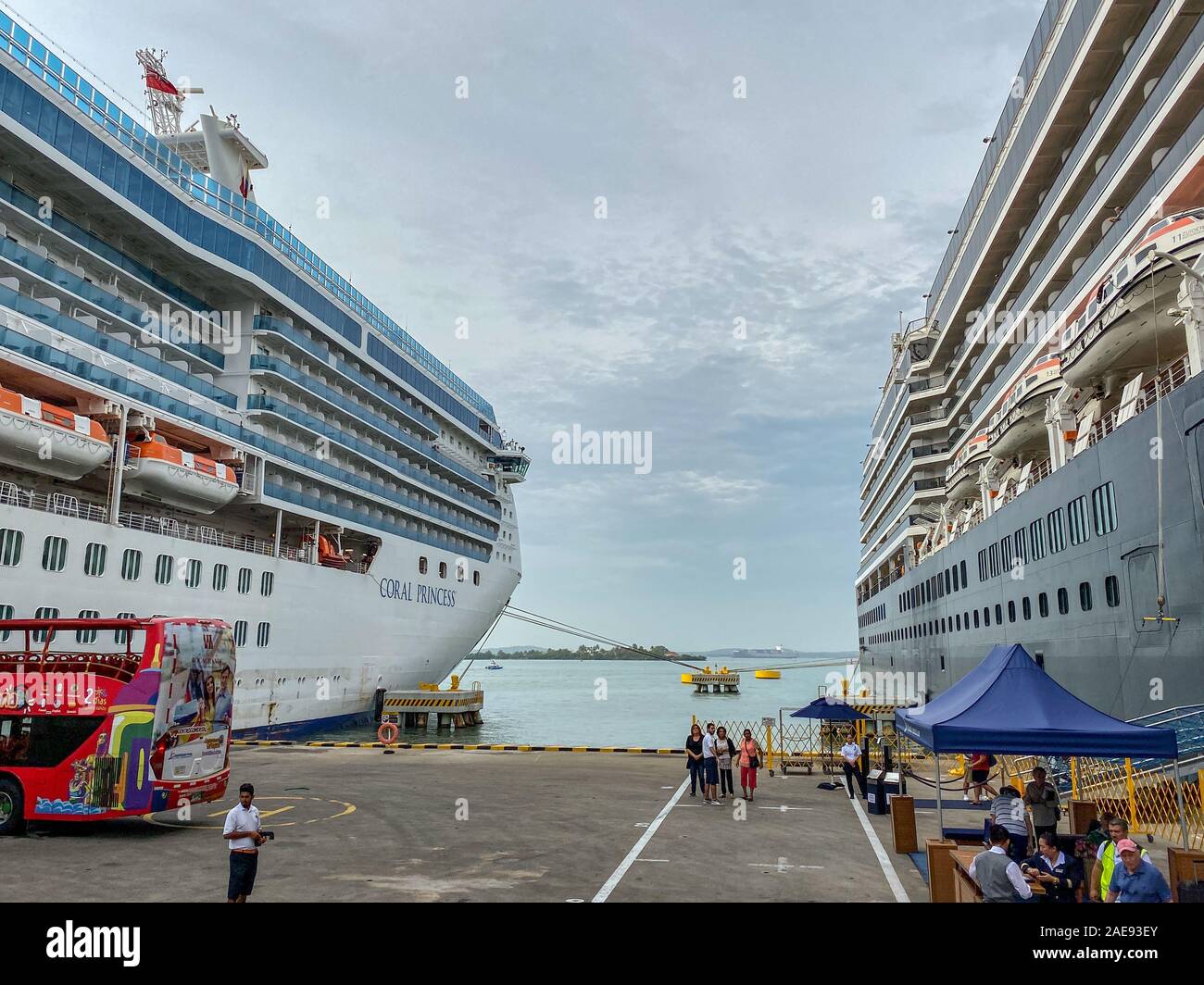 Cartagena/Columbia11/5/19: Holland America Line Zuiderdam e il Coral Princess navi da crociera su un dock a Cartagena, Colombia porta. Foto Stock