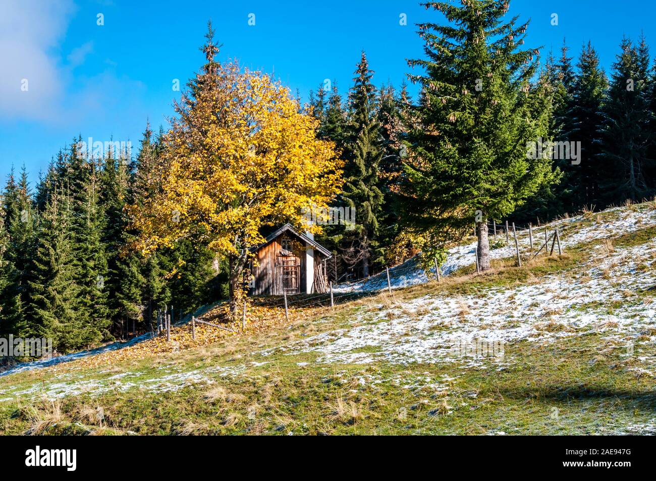Piccolo capanno sulla Sonnenklause-Sonnenkopf sentiero escursionistico vicino Hinang, a Sonthofen, Allgaeu regione, Baviera, Germania Foto Stock