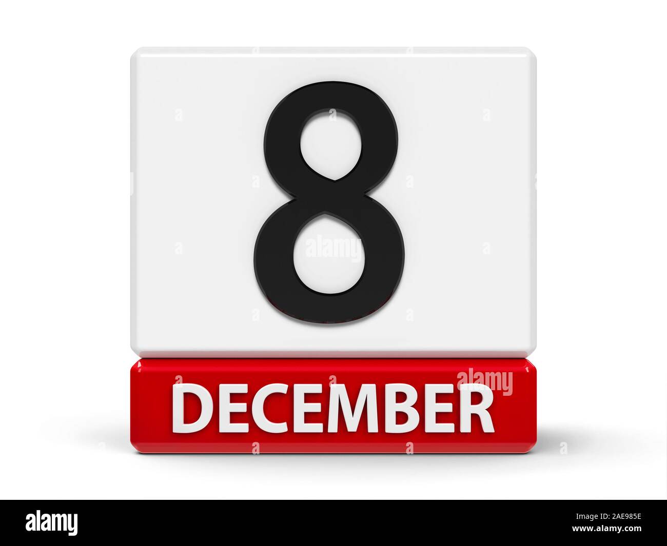 Rosso e bianco sull'icona del calendario dai cubi - l'ottavo di dicembre - su un tavolo bianco, tridimensionale, rendering 3D illustrazione Foto Stock