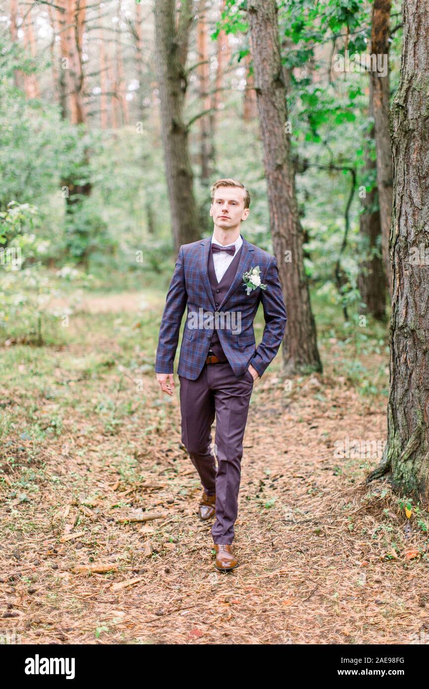 Bello lo sposo in abito elegante passeggiate nella foresta. Elegante sposi matrimonio foto. Rustico ritratto di nozze Foto Stock