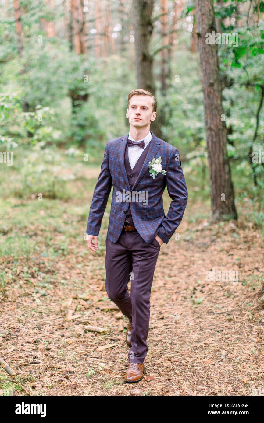 Bello lo sposo in abito elegante passeggiate nella foresta. Elegante sposi matrimonio foto. Rustico ritratto di nozze Foto Stock