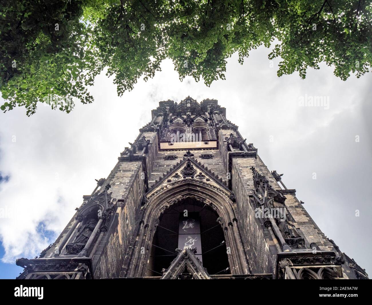 Guglia gotica della chiesa di San Nicola WW 2 memoriale incorniciato da baldacchino di albero in Altstadt Amburgo Germania Foto Stock