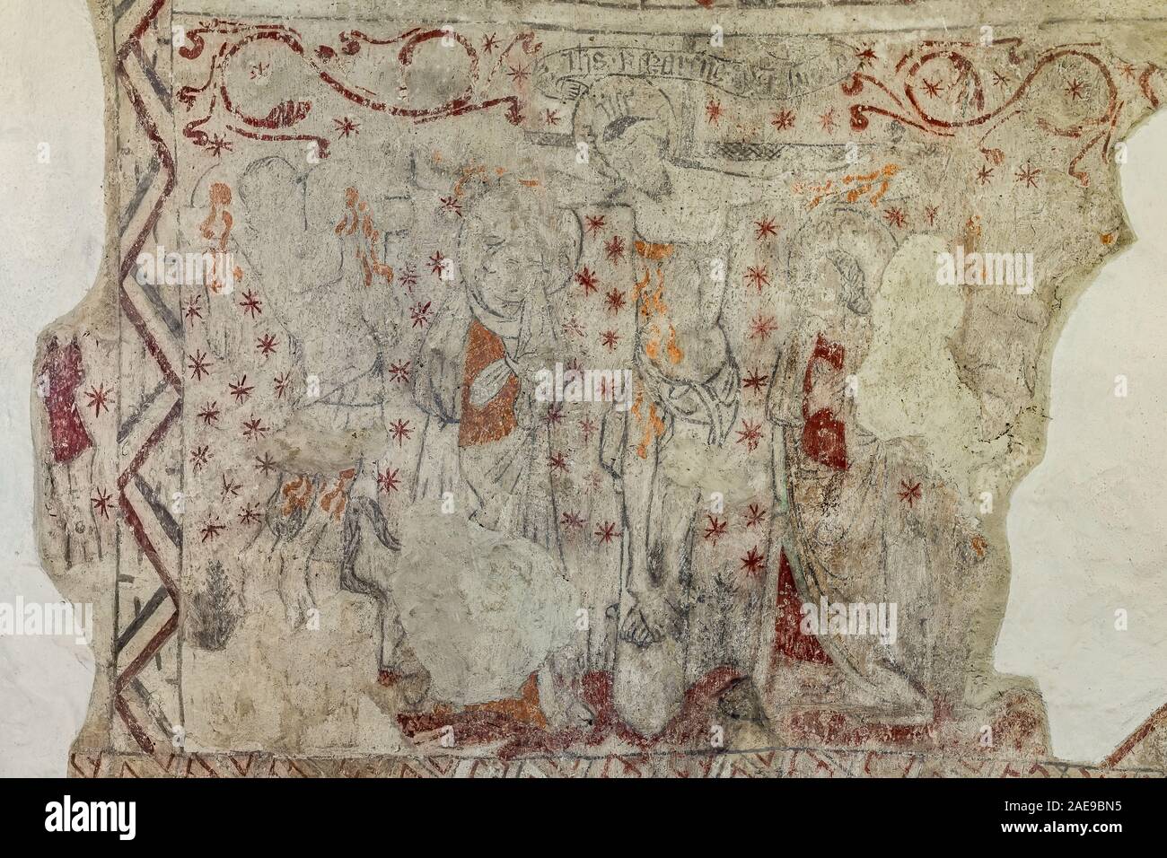 La crocifissione, un antico muro di stile gotico-pittura nella chiesa Malov, Danimarca, 23 Gennaio 2018 Foto Stock