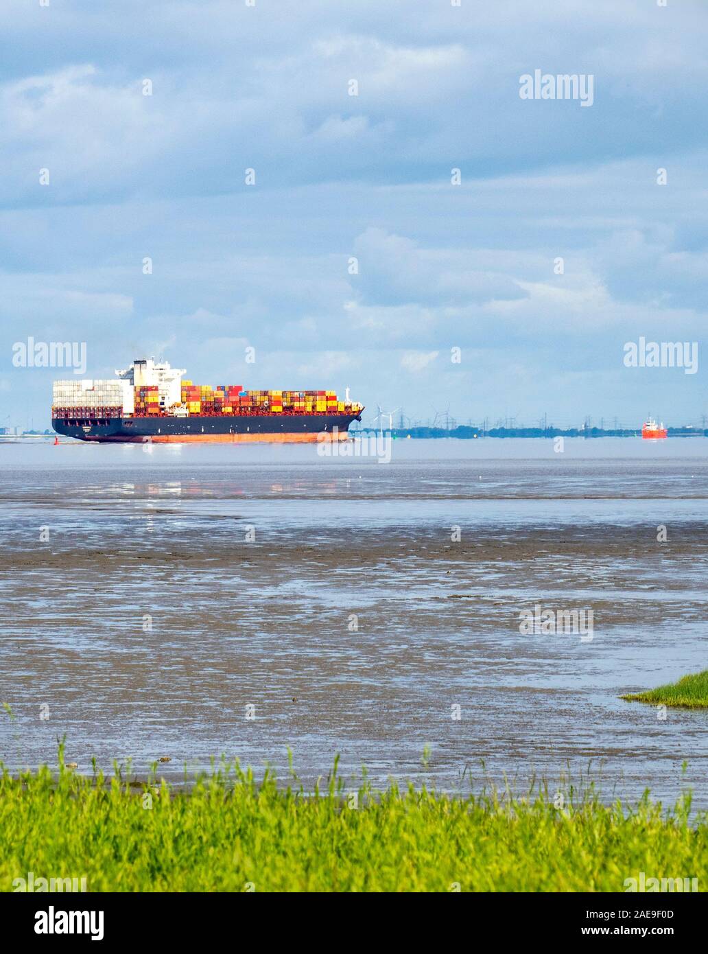 Nave container che naviga lungo il fiume Elba Glückstadt Schleswig-Holstein Germania Foto Stock