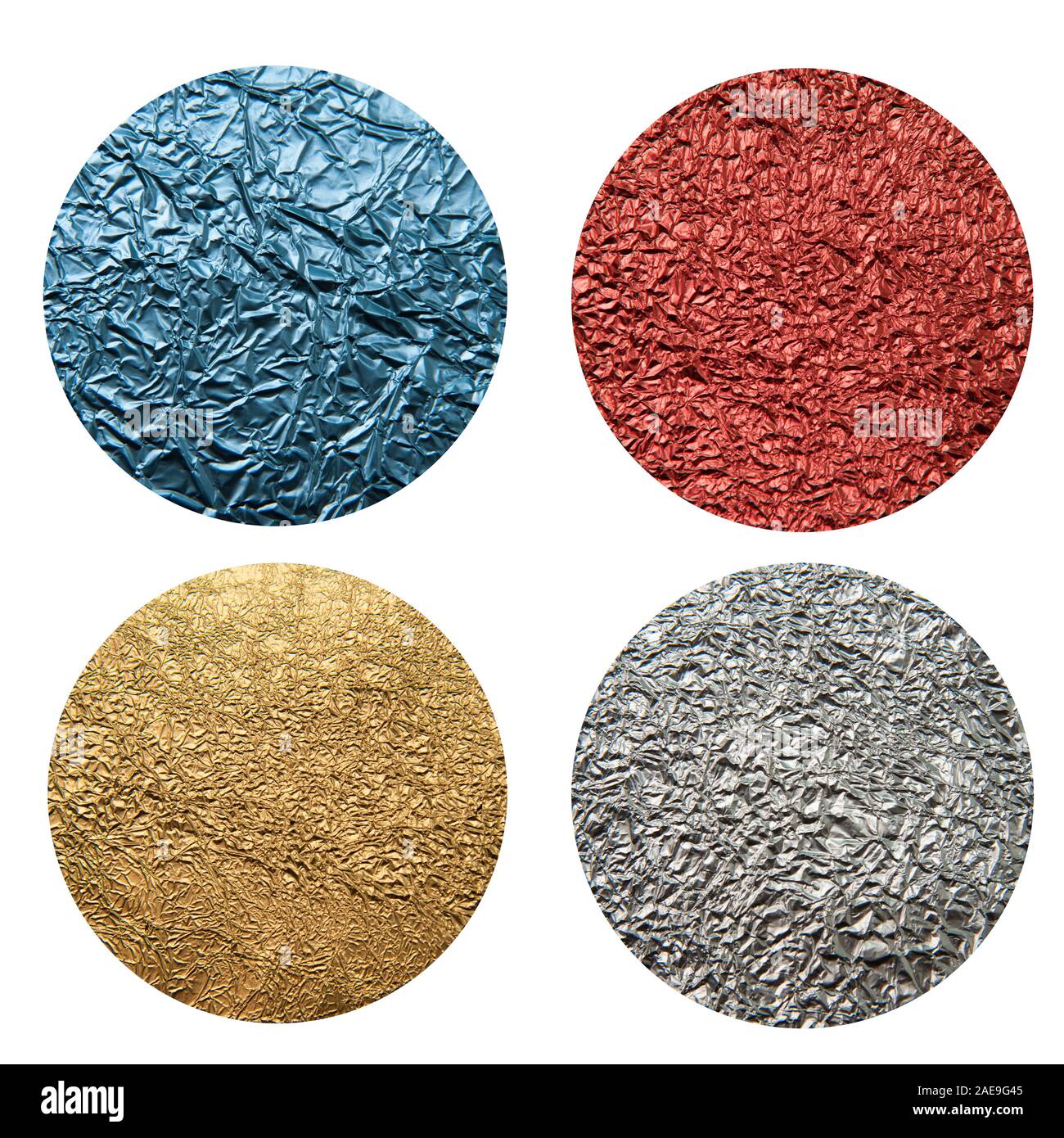 Set di accartocciata foil - oro, argento, blu e rosso. Cerchi di texture isolato su bianco. Foto Stock