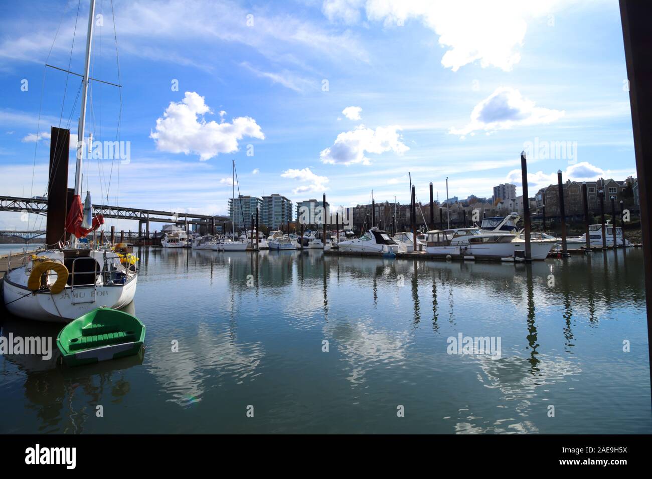 Marina lungo il fiume Willamette nel centro di Portland, Oregon. Foto Stock