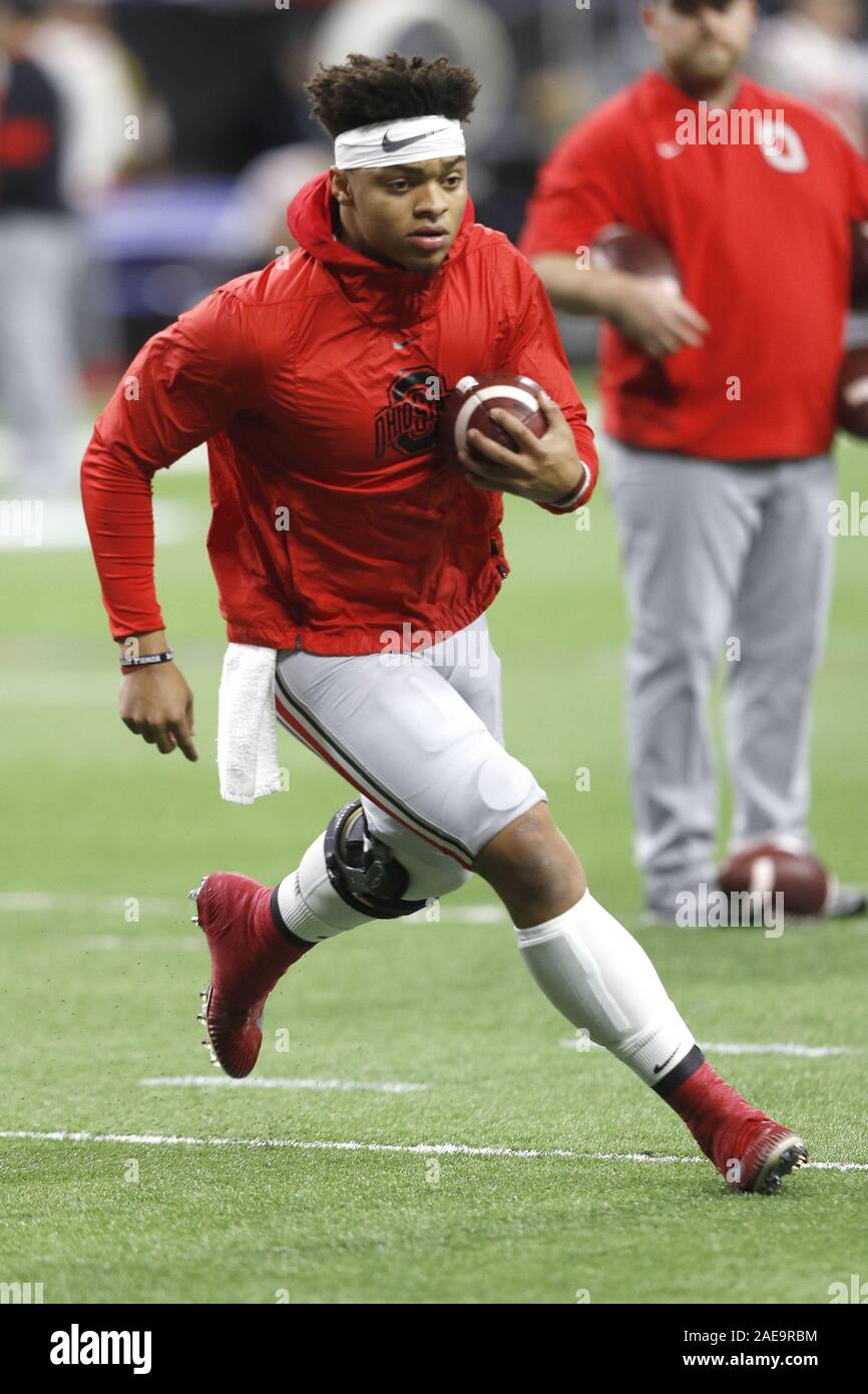 Indianapolis, Stati Uniti d'America. 07Th Dec, 2019. Ohio State Buckeye di Justin campi (1) si riscalda per la grande Buckeyes dieci campionato contro il Wisconsin Badgers Sabato, 7 Dicembre 2019 a Indianapolis, Indiana. Foto di Aaron Josefczyk/UPI Credito: UPI/Alamy Live News Foto Stock