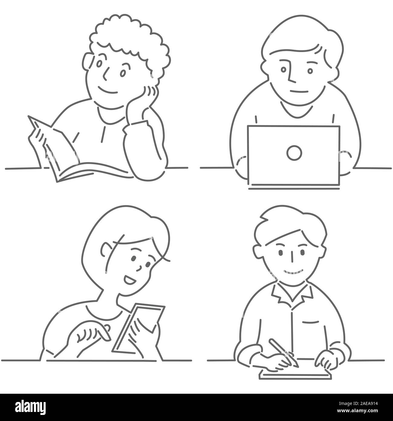Persone con differenti attività. Il giovane uomo e donna con Libro, laptop, cellulari e tablet. Disegnati a mano, schizzo doodle style - Vettore lineare illu Illustrazione Vettoriale