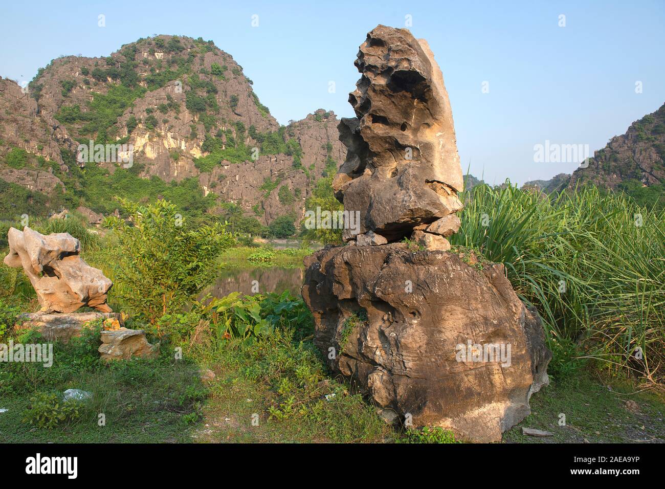 Vista panoramica delle formazioni carsiche di Tam Coc, una parte del complesso Trang An, è stato dichiarato patrimonio dell'umanità dall'UNESCO Monumento naturale e culturale.Ninh Bi Foto Stock