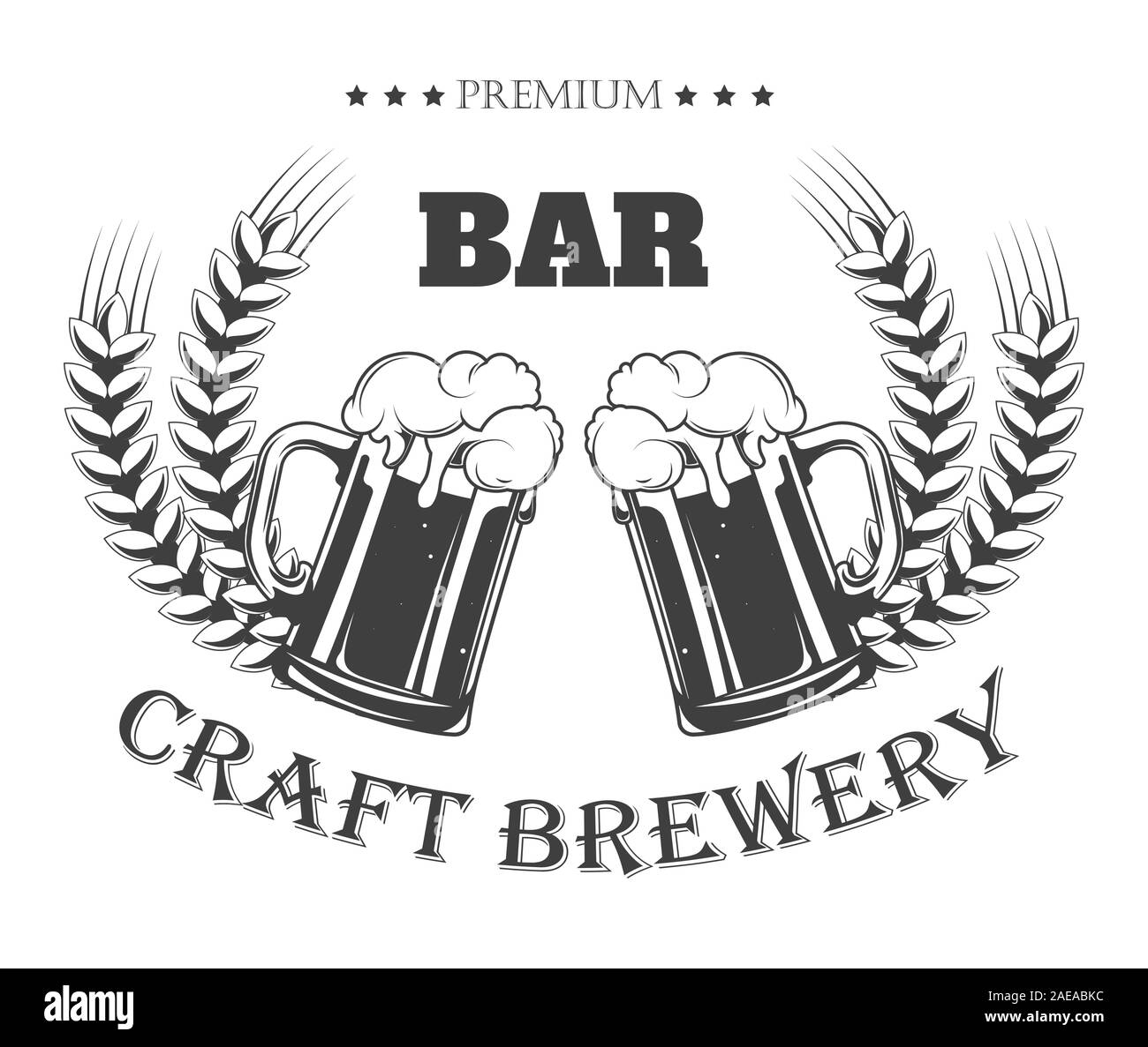 Premio birreria artigianale logo pub con birra brocche e orzo Illustrazione Vettoriale