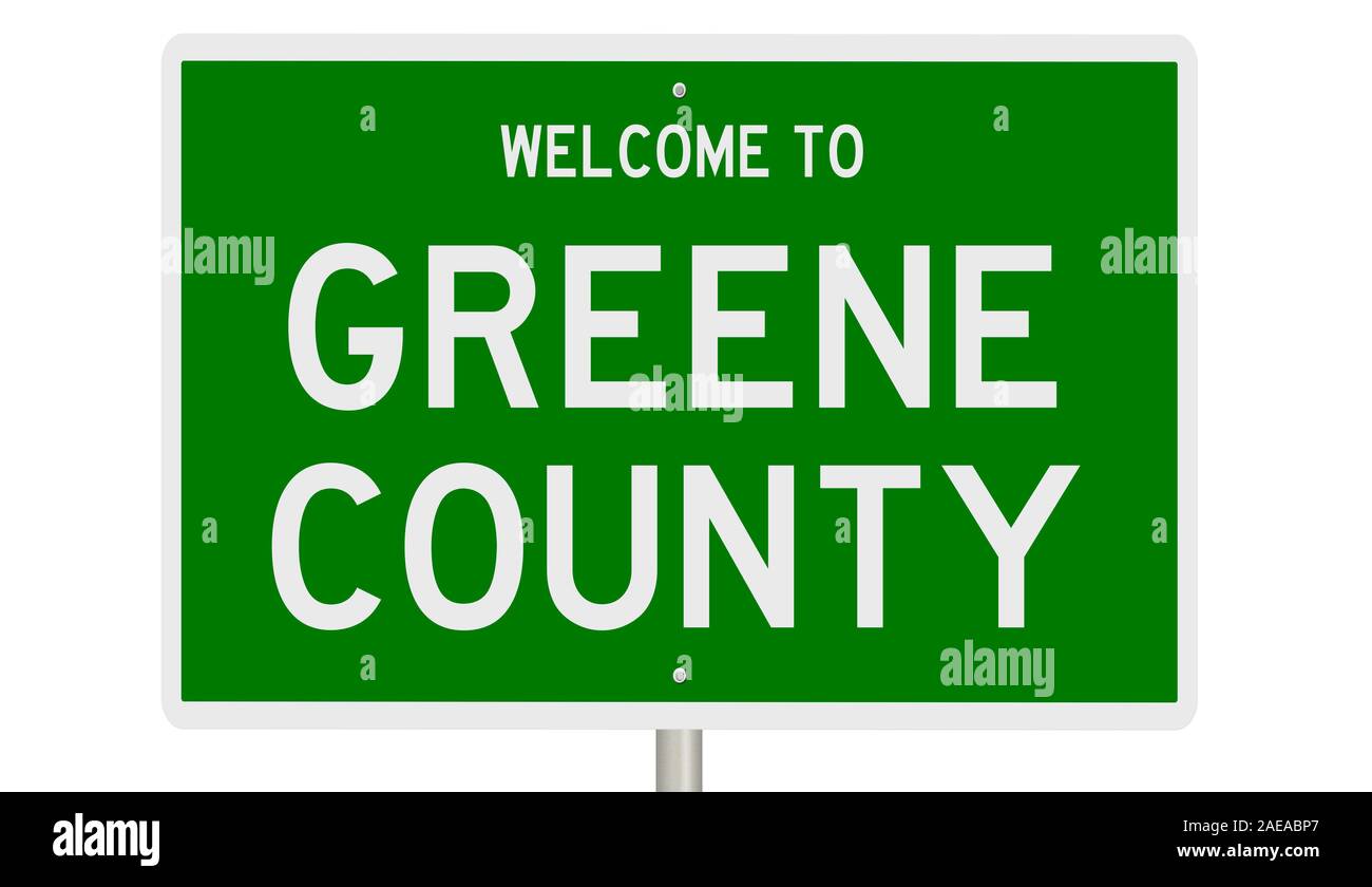 Il rendering di un 3d green autostrada segno per la contea Greene Foto Stock