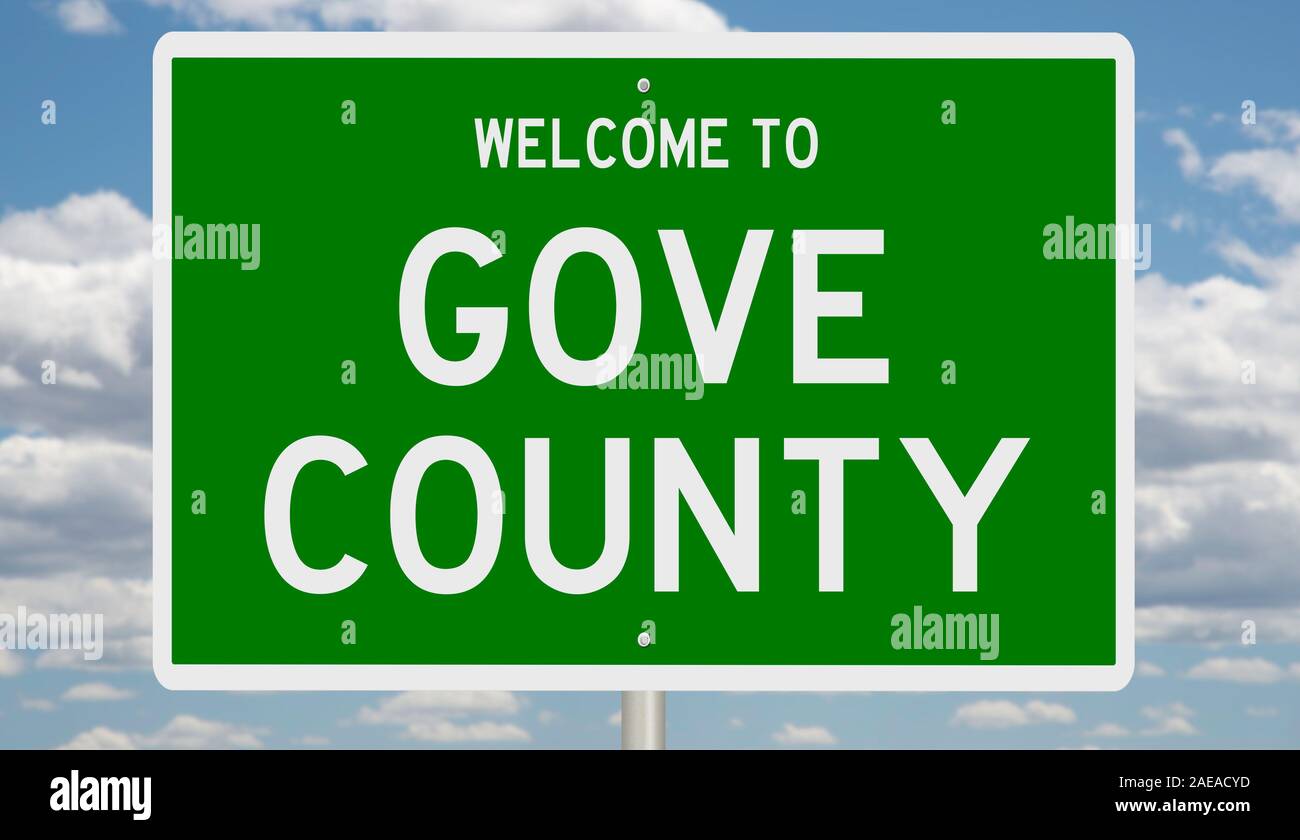 Il rendering di un 3d green autostrada segno per la contea di Gove Foto Stock