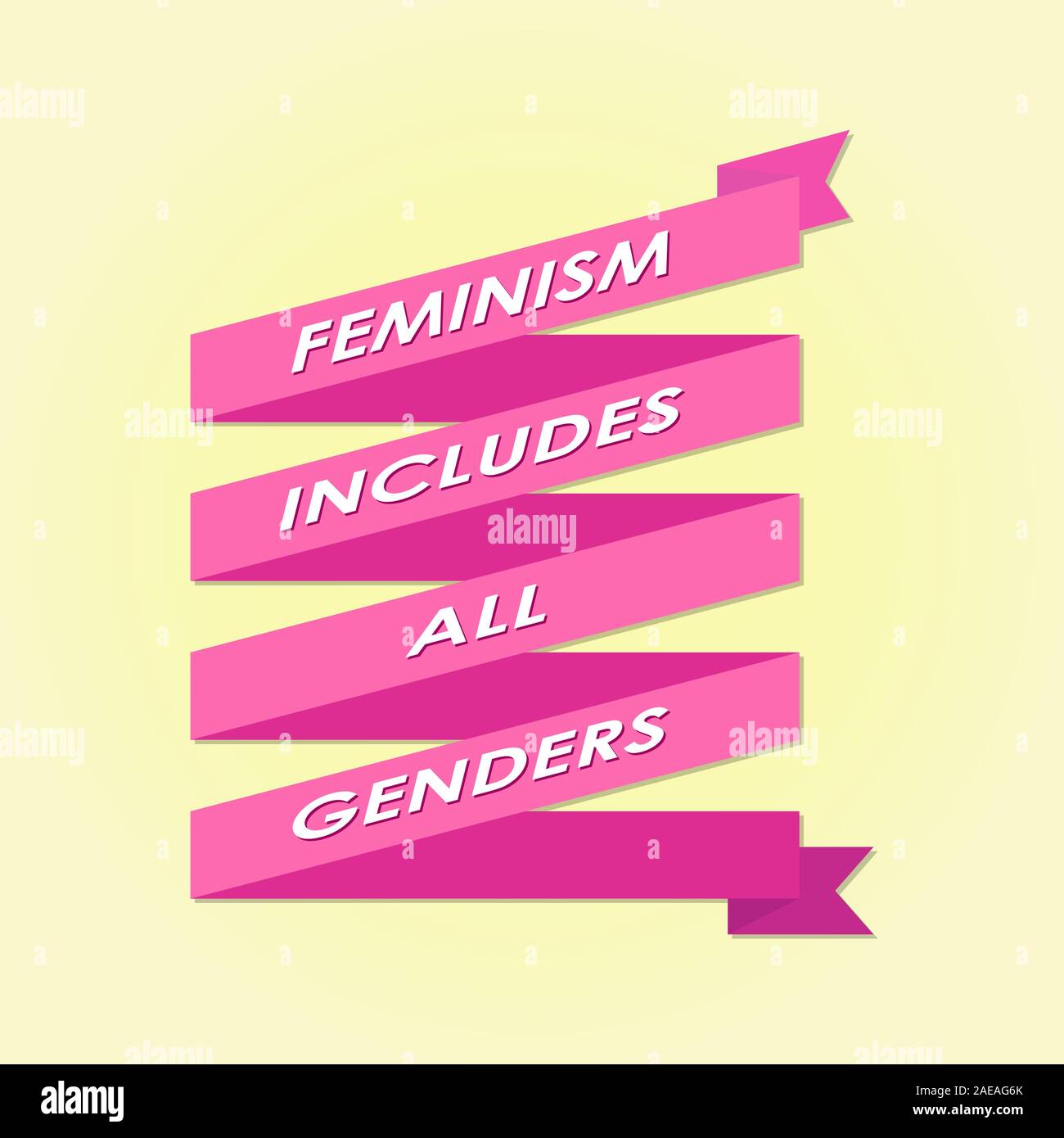 Il femminismo include tutti i generi di scritte sul nastro rosa. minimalista in stile concettuale. Sfondo giallo. Illustrazione Vettoriale