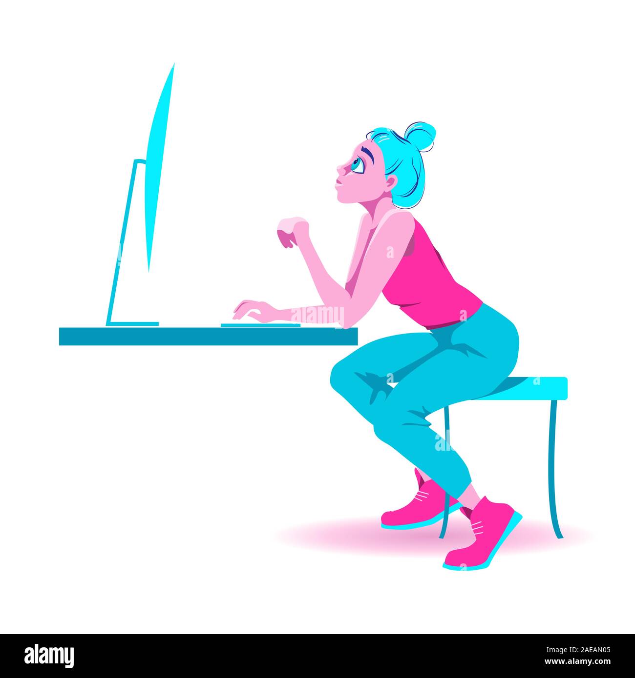 Giovane ragazza seduta a un computer. Il lavoro online, formazione, shopping, attività per il tempo libero. Personaggio dei fumetti in stile appartamento illustrazione vettoriale. Illustrazione Vettoriale