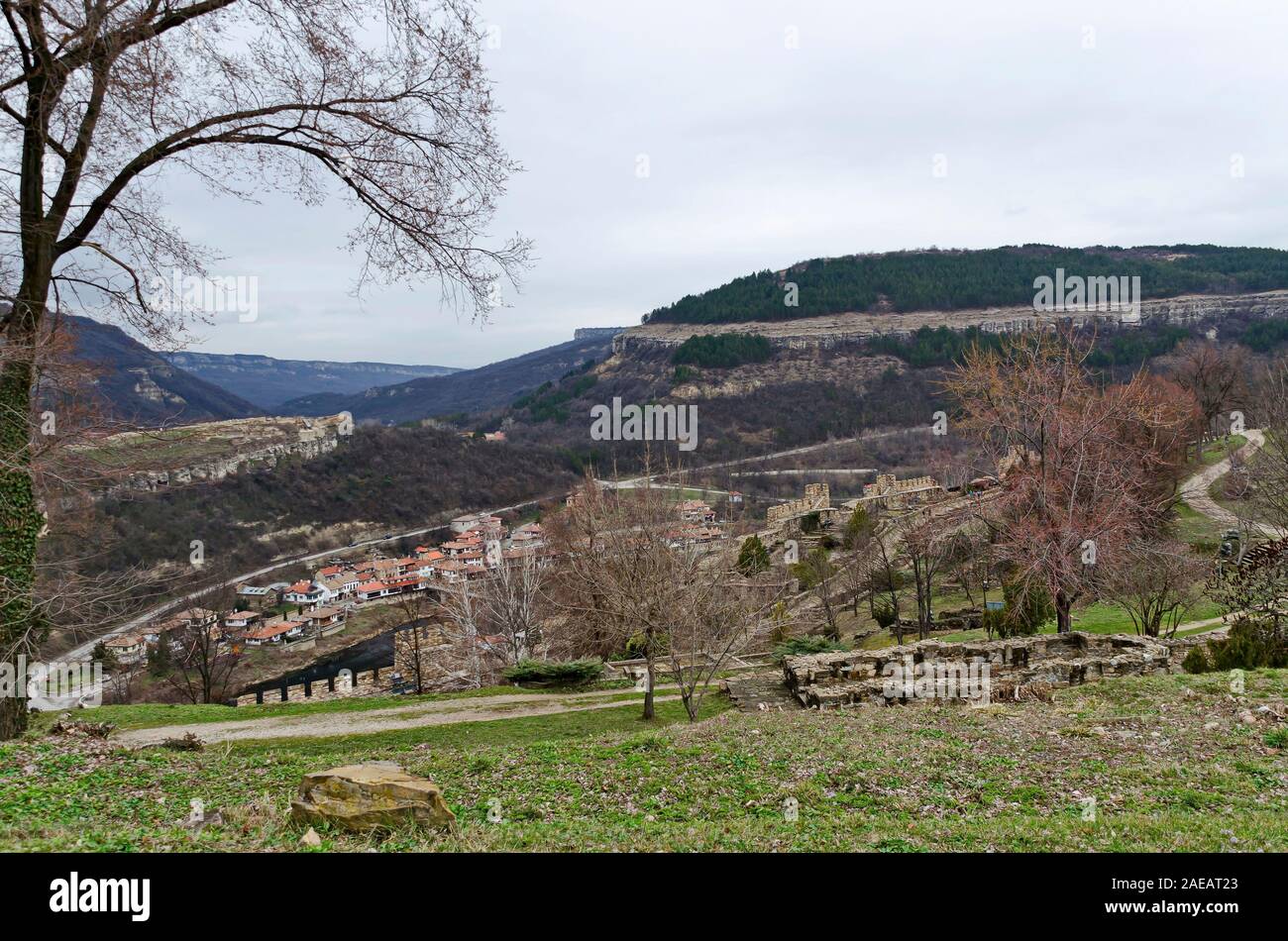 Vista di un quartiere residenziale con vecchie case e il fiume Yantra a Veliko Tarnovo, la vecchia capitale della Bulgaria, Europa Foto Stock