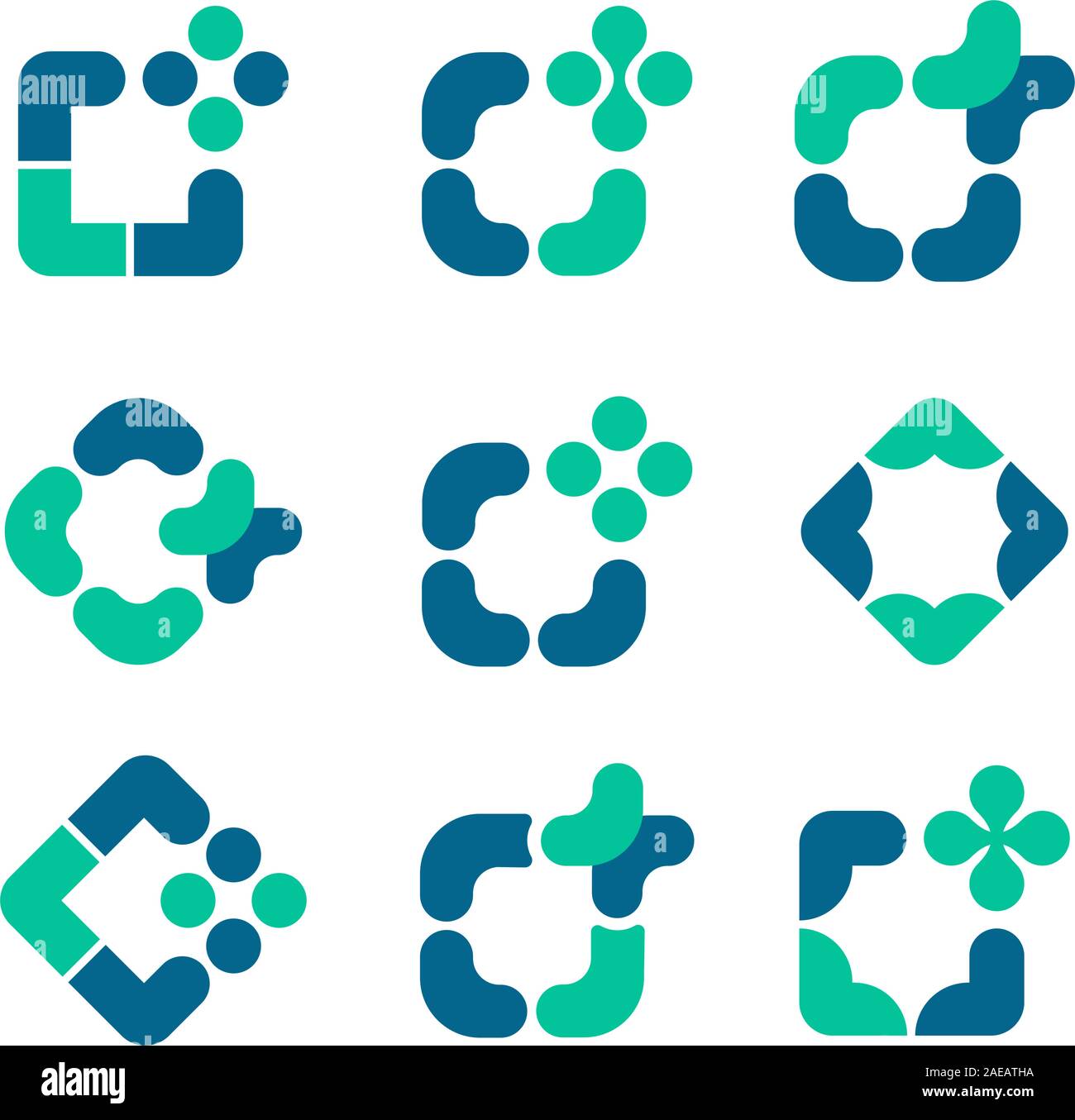 Set di verde e blu mosaico di vettore di frame. Coloful medical icone. Medico s office emblema. Etichetta di ambulanza. Primo soccorso simboli. Raccolta di contorno Illustrazione Vettoriale