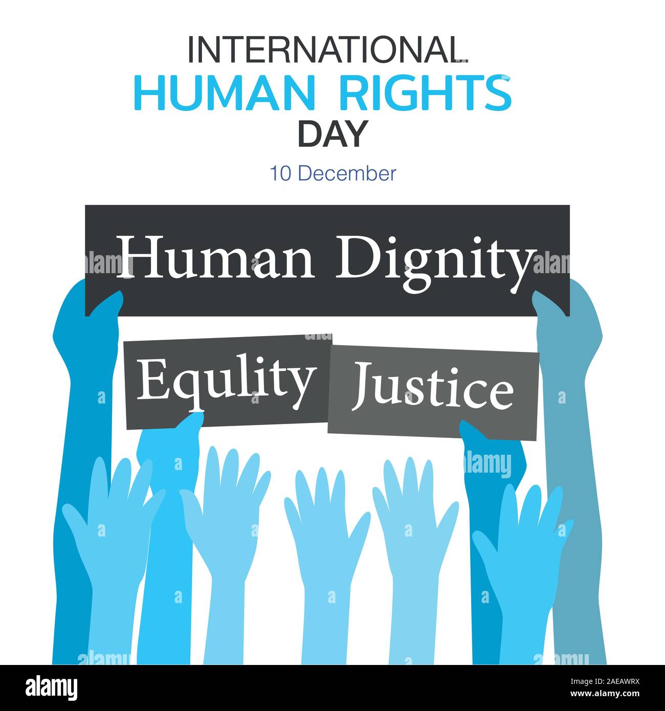 La Giornata Internazionale dei Diritti Umani con le mani per sollevare verso l'alto. Diritti umani poster con testo - Illustrazione Vettoriale Illustrazione Vettoriale