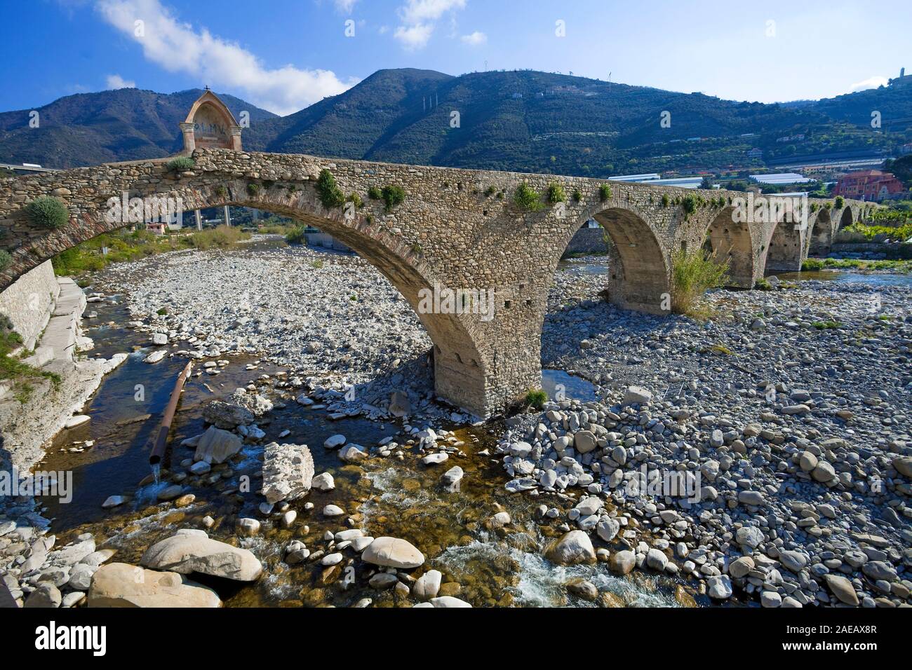 Antico borgo medievale ponte di pietra sul fiume Argentina, Taggia costa ligure, Liguria, Italia Foto Stock