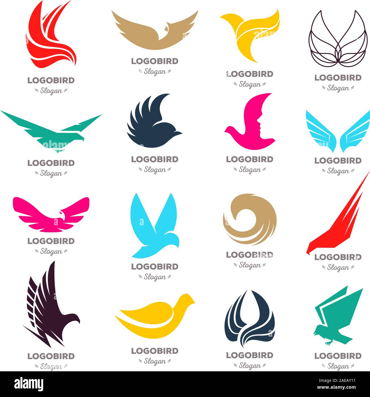 Abstract isolato giallo e arancione uccelli sagome collezione logo su sfondo bianco, le ali e le piume elementi logotipi vettore set Illustrazione Vettoriale