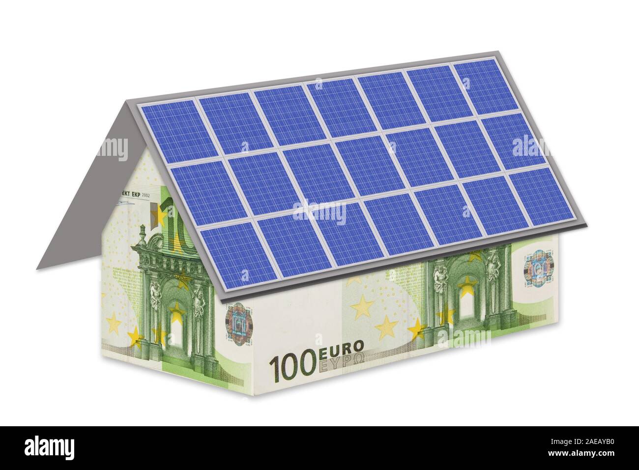 Casa con le banconote in euro e modulo fotovoltaico Foto Stock