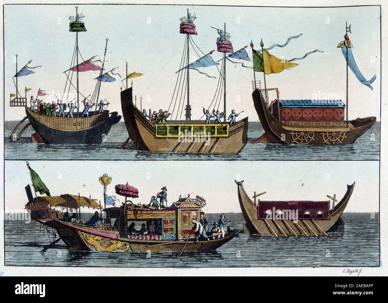 Fregate de poste, batiment de guerre, navire un roues, barque de mandarino, navire a bec d'epervier - in 'Le costume ancien et moderne' par Ferrario, ed. Foto Stock