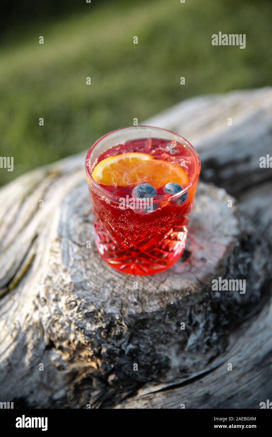 Cocktail estate in vivace colore rosso con mirtillo e arancione in piedi su un tronco di legno in una campagna Foto Stock