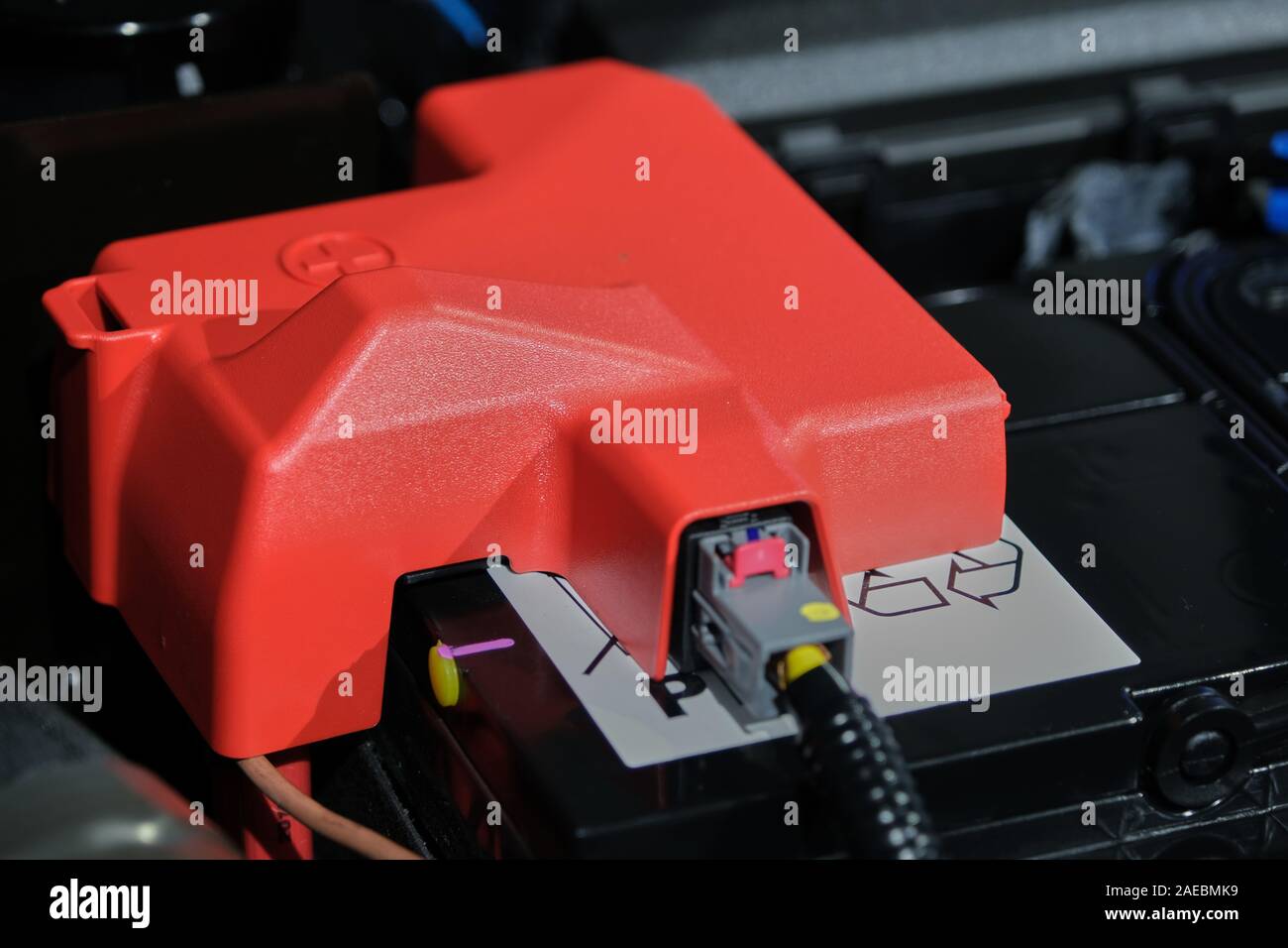 Il coperchio in plastica del polo positivo della batteria di punta di cella  con il rosso simbolo più, la batteria è collocata nel vano motore Foto  stock - Alamy