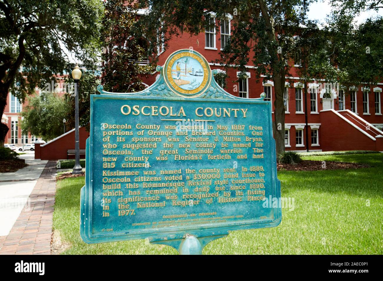 Marcatore storico la placca al di fuori di osceola County Courthouse building kissimmee florida usa Foto Stock