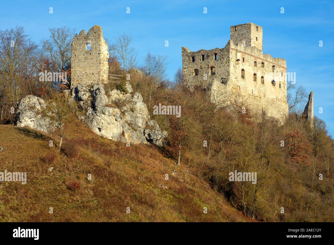 Burgruine Niederhaus • Landkreis Donau-Ries, Bayern, Deutschland Foto Stock