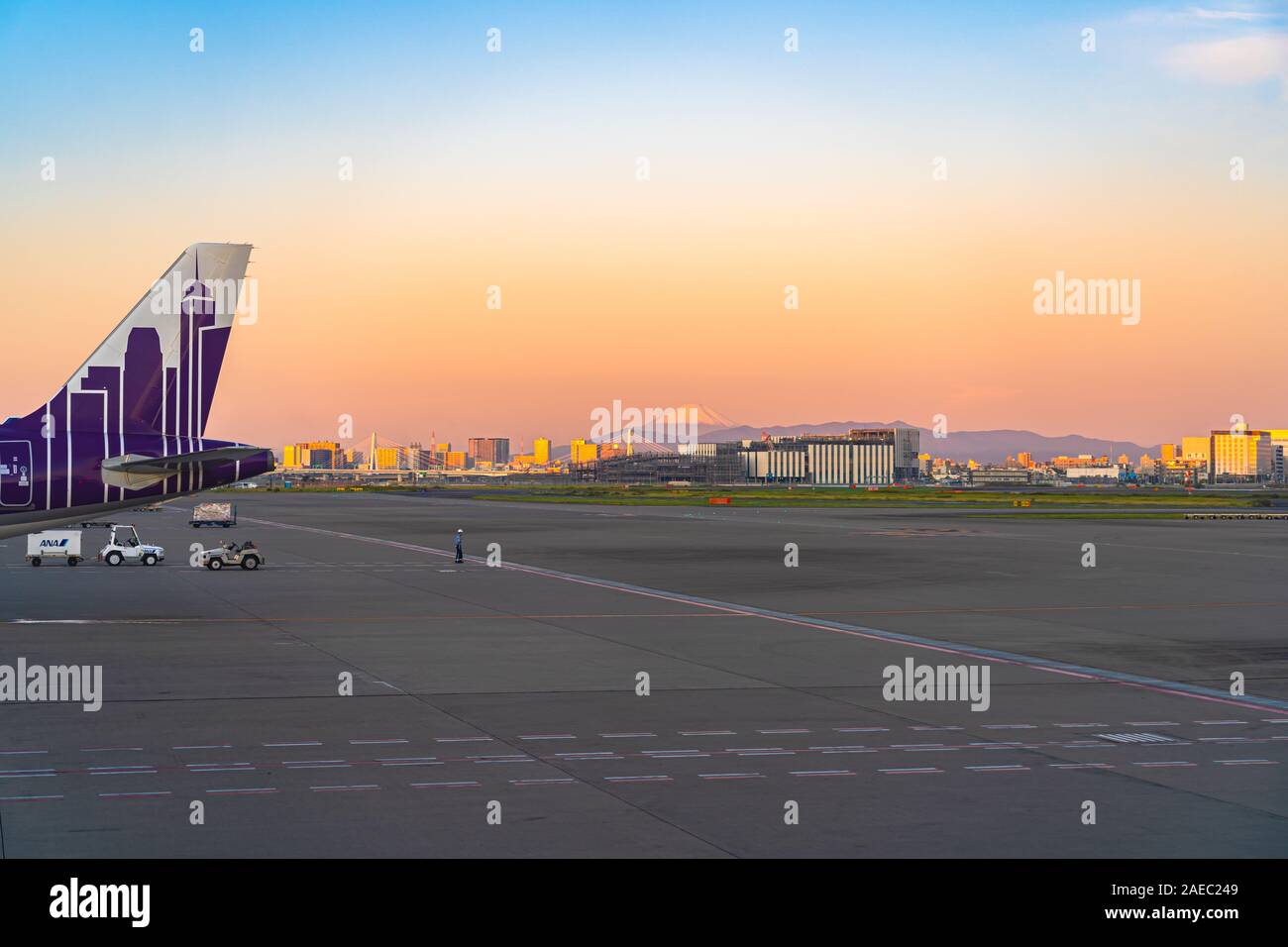 Tokyo Haneda International Airport nell'orario di alba. In prossimità del Keihin regione del settore Foto Stock
