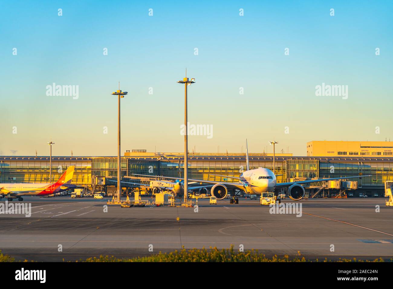 Tokyo Haneda International Airport nell'orario di alba. In prossimità del Keihin regione del settore Foto Stock