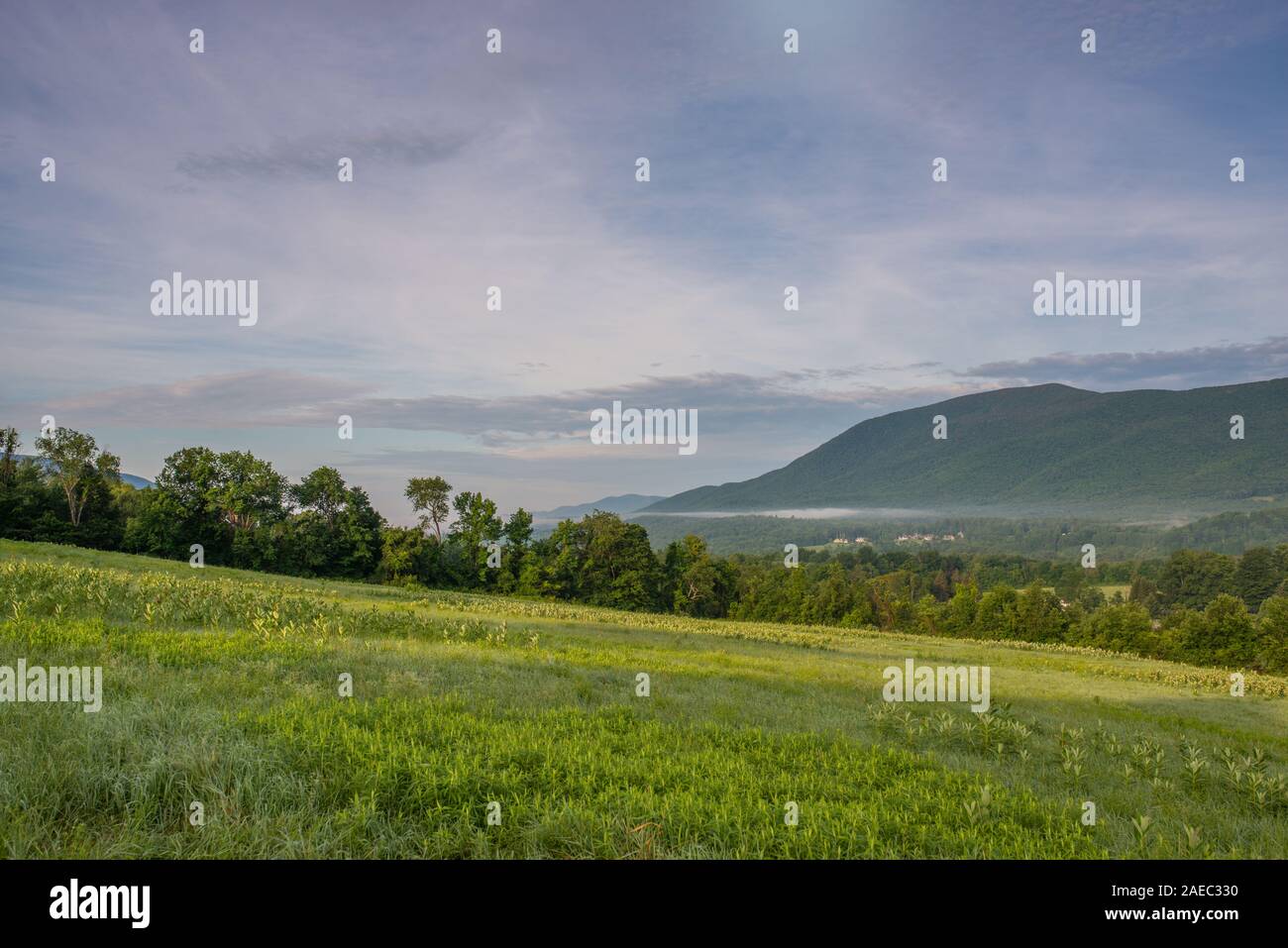 Scena mattutina di un campo con un fienile e vista del Monte Equinox sullo sfondo da Manchester, Vermont. Foto Stock
