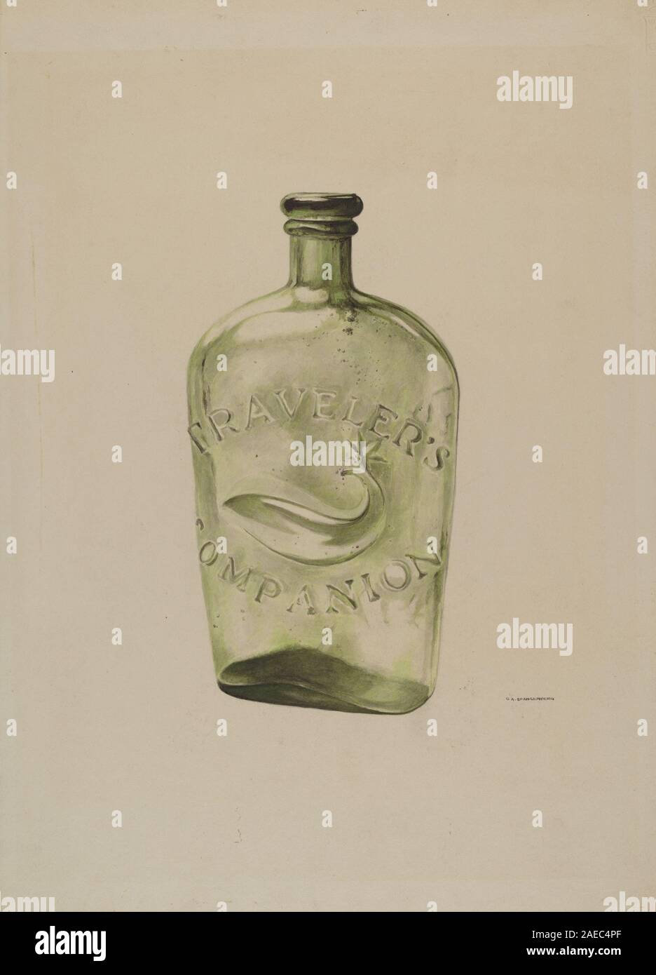 Una fiasca di whisky in vetro da circa 1939 pollici di GA Spangenberg, che mostra corpo cilindrico in vetro, tappo, trasparenza, volume e design per la conservazione e il versamento del whiskey. Foto Stock