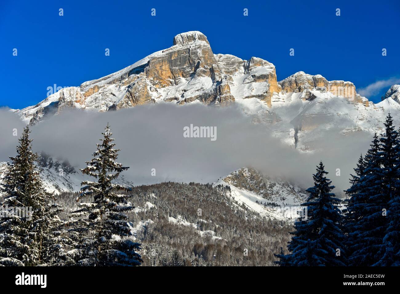 Piz Lavarela in inverno, Alta Badia, Dolomiti, Alto Adige, Italia Foto Stock